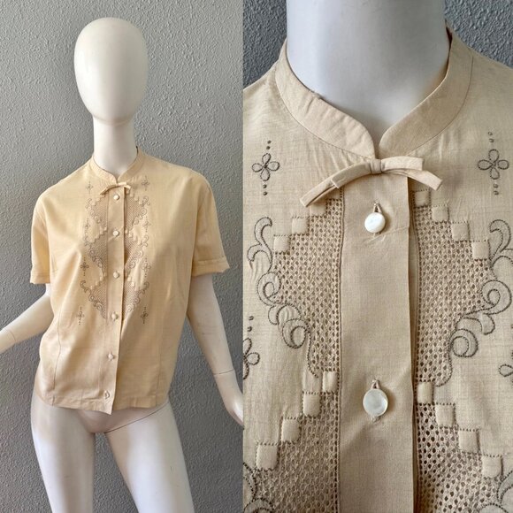 Vintage 40s Ivory Embroidered Button Top Blouse XL - Picture 1 of 16